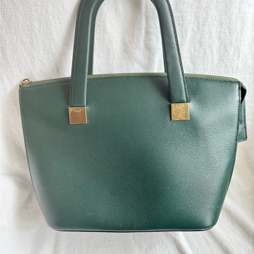 Vintage Celine Logo Plate Leather Tote Green Gold Hardware Authentic